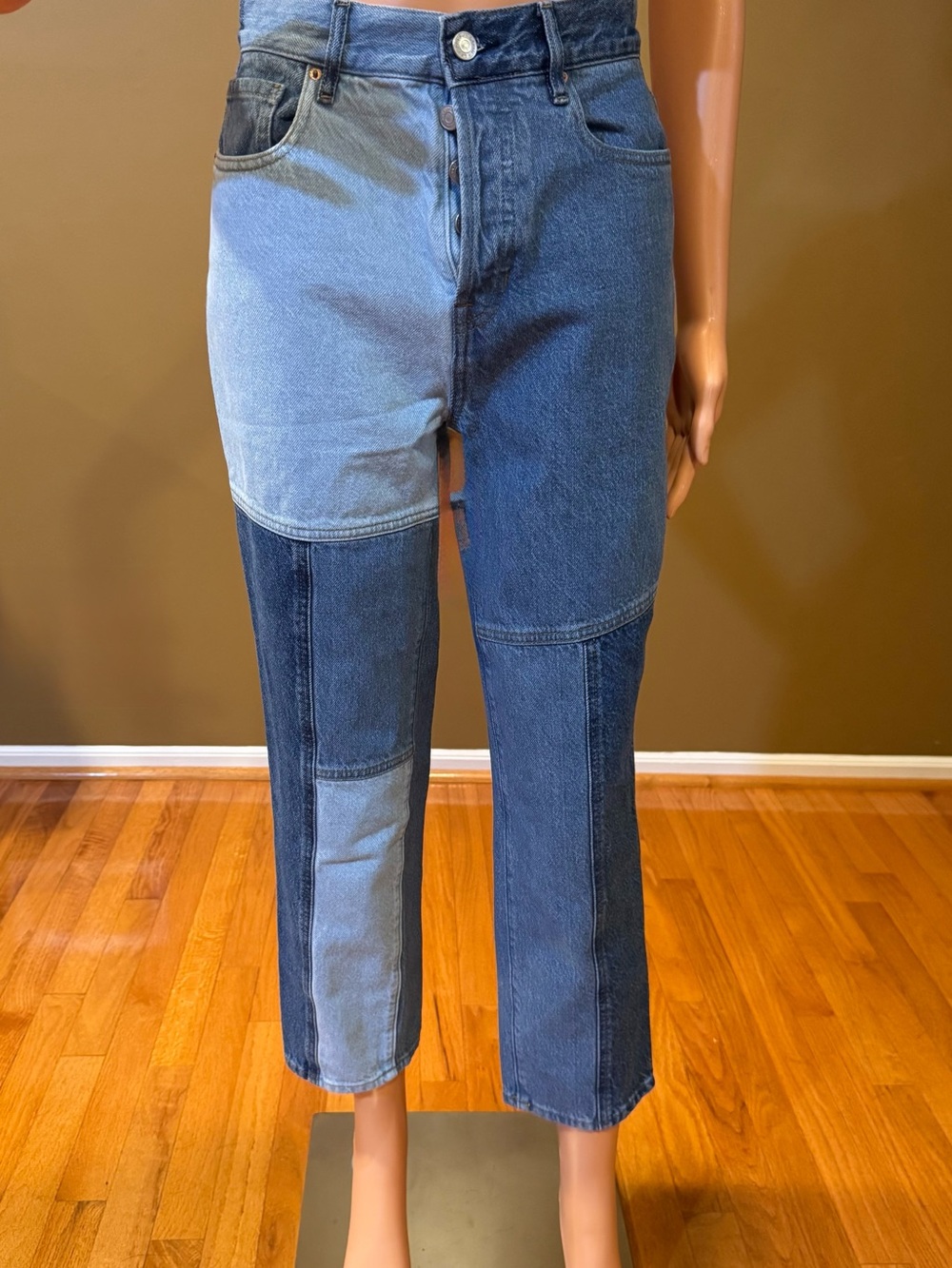 PacSun Two-Tone Patchwork Cropped Jeans - Light Blue & Dark Blue